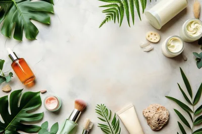 Flat Lay Skincare Products With Tropical Leaves
