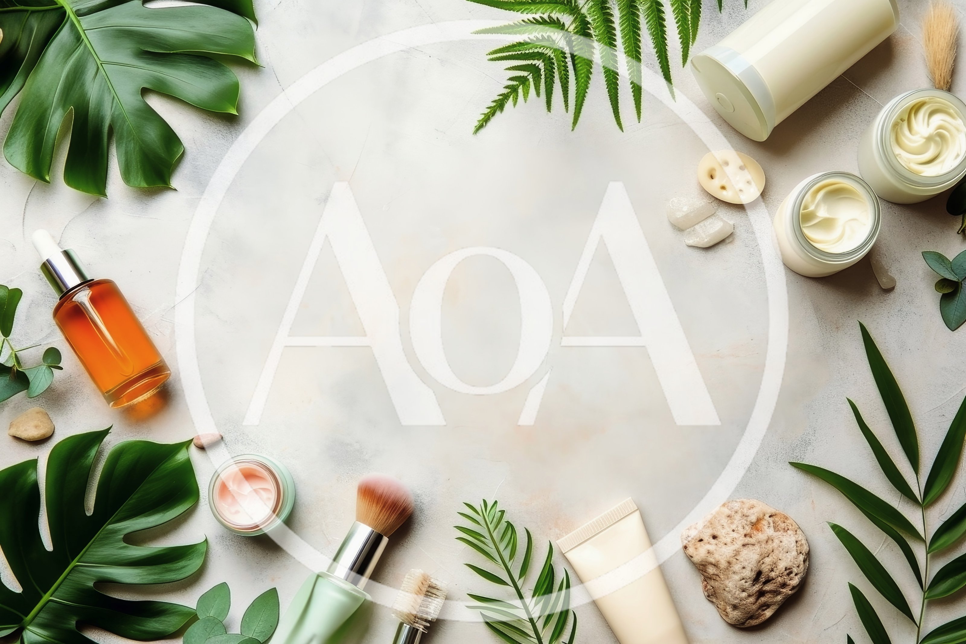 Flat Lay Skincare Products With Tropical Leaves