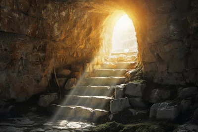 Stone Staircase Leading To Bright Light In Cave