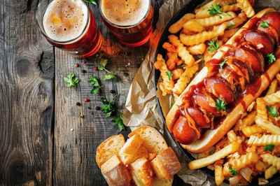 Hot Dog With Crinkle Cut Fries And Beer