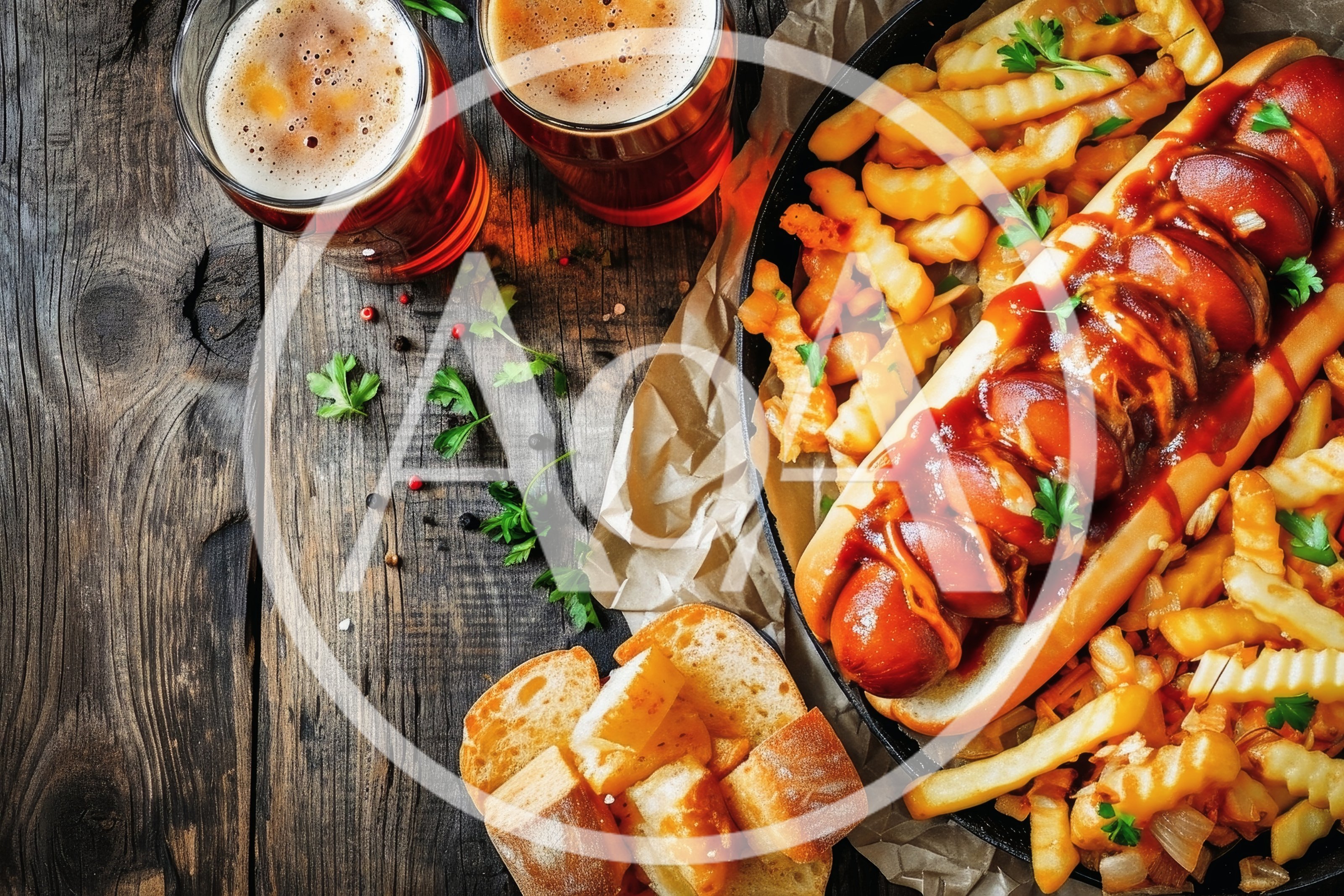 Hot Dog With Crinkle Cut Fries And Beer