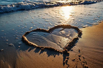 Heart Shape Drawn In Wet Sand On Beach