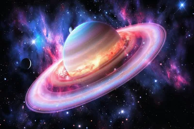 Saturn Like Planet With Glowing Rings In Deep Space