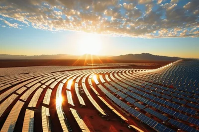 Aerial View Of Large Scale Solar Farm At Sunset