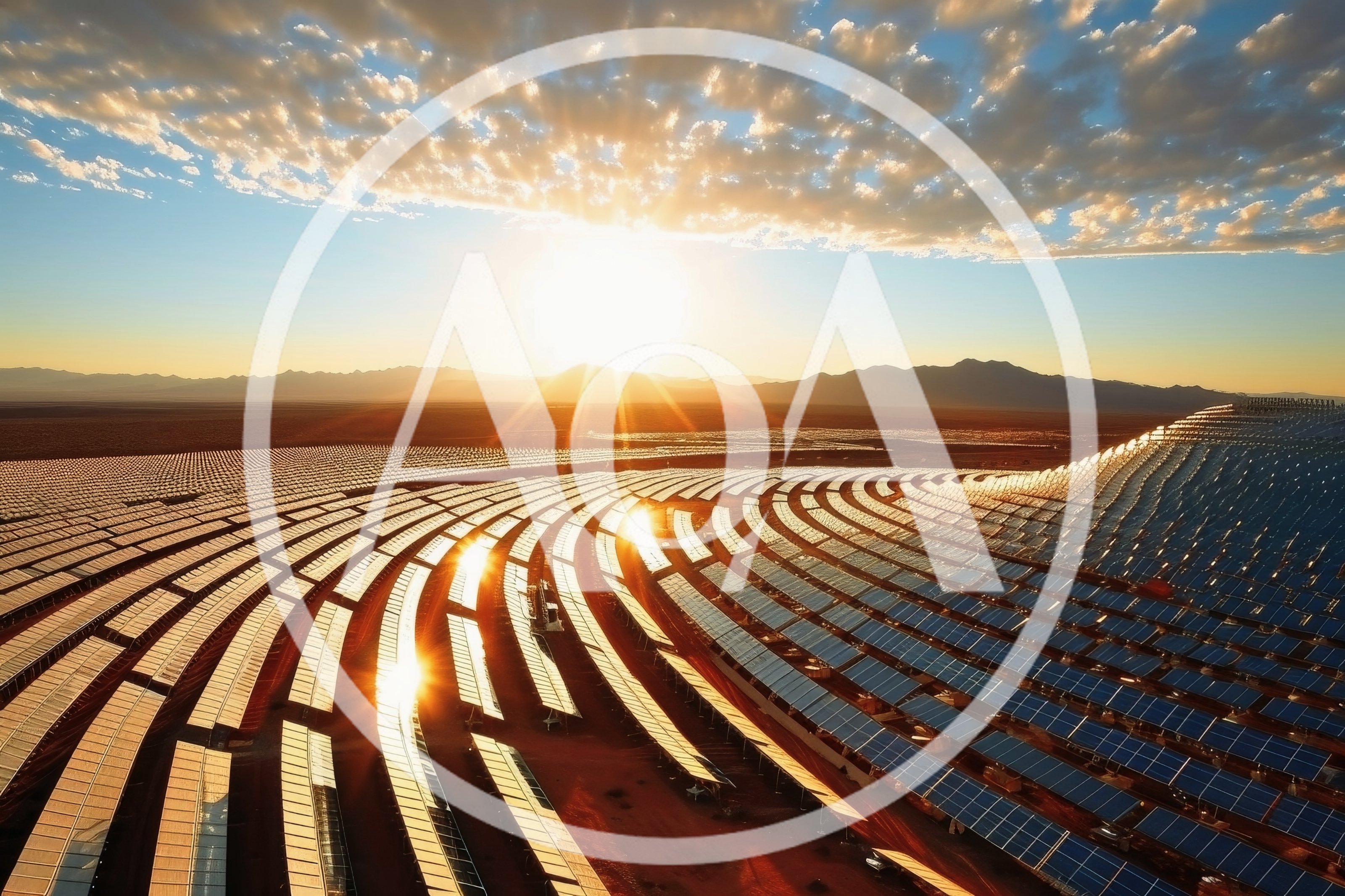 Aerial View Of Large Scale Solar Farm At Sunset