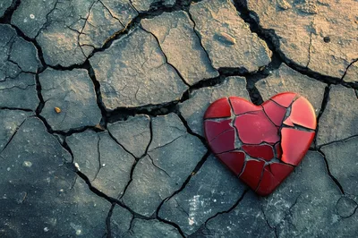 Broken Red Heart Symbol On Cracked Dry Earth