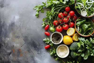 Fresh Vegetables and Herbs on Dark Rustic Background