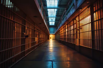 Empty Prison Cell Block Corridor With Metal Bars