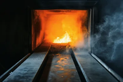 Industrial Crematorium Furnace Chamber With Burning Flames