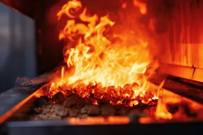 Intense Flames Burning In A Commercial Charcoal Grill