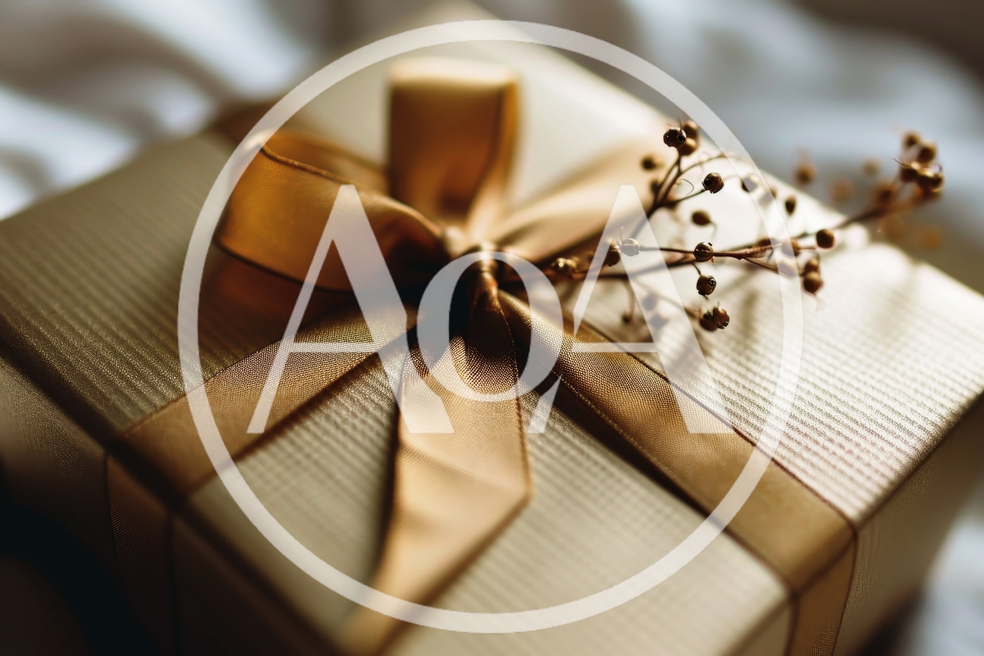 Golden Gift Box With Ribbon And Dried Flowers