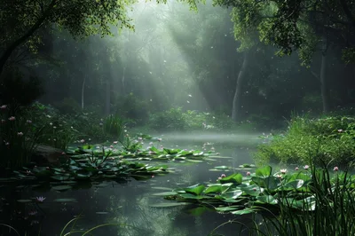 Enchanted Forest Pond With Floating Water Lilies