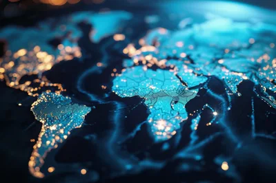 Digital Map Of The World With Glowing City Lights