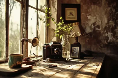 Vintage Camera And Decor On A Rustic Wooden Table