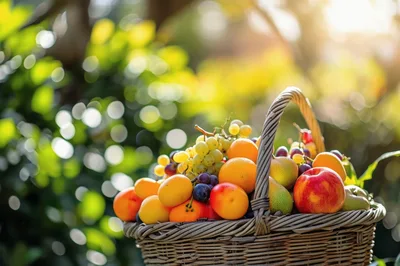 Wicker Basket Filled With Fresh Assorted Fruits