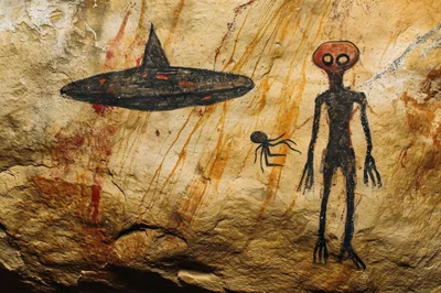 Ancient Cave Painting Depicting Alien Figure and UFO