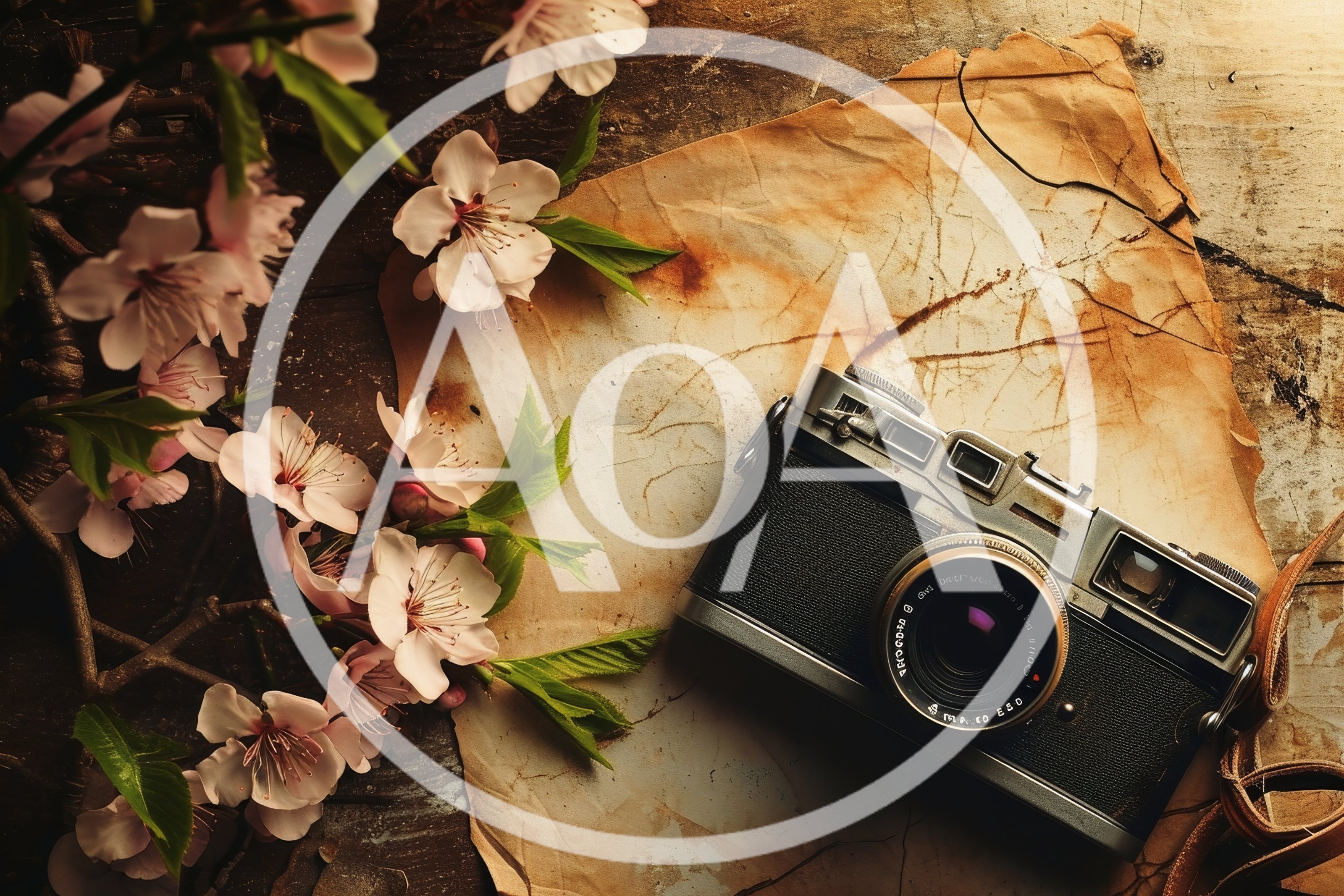 Vintage Film Camera With Cherry Blossoms On Aged Paper