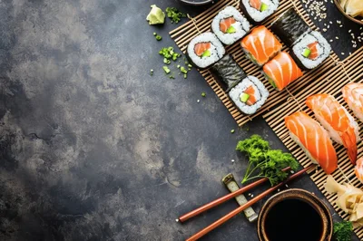 Top View Of Fresh Sushi Rolls And Nigiri