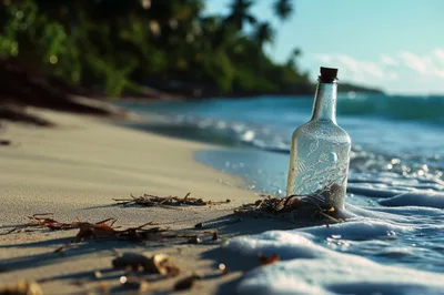 Glass Message Bottle Washed Ashore On Tropical Beach