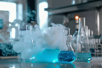 Laboratory Glassware With Bubbling Blue Chemical Reaction