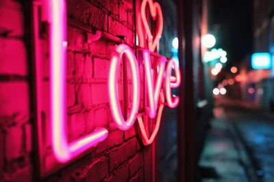 Neon Love Sign Mounted On A Brick Wall