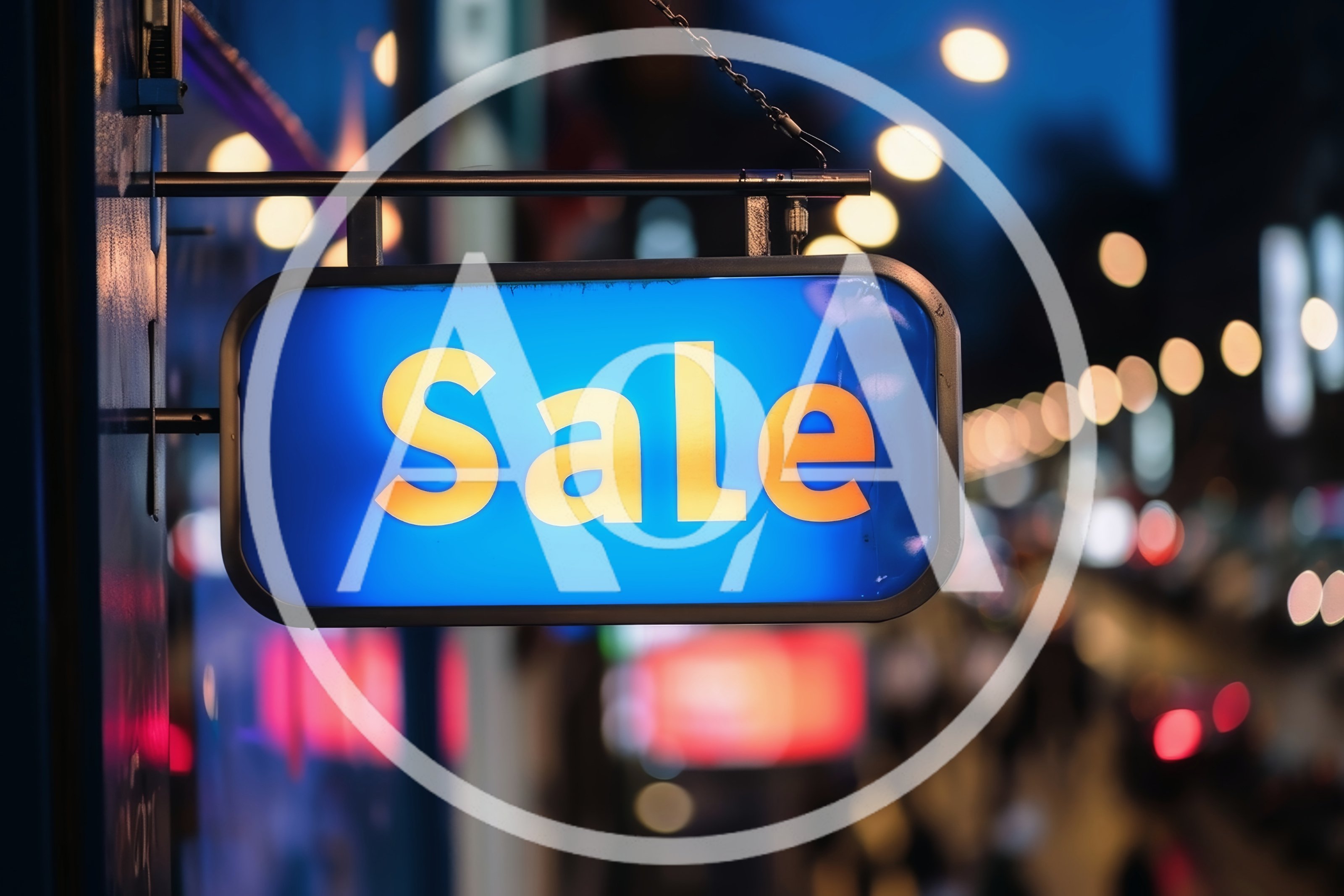 Illuminated Blue Sale Sign Hanging On City Street