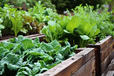 Fresh Organic Vegetables Growing In Wooden Garden Planters