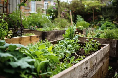 Raised Garden Beds With Fresh Green Vegetables