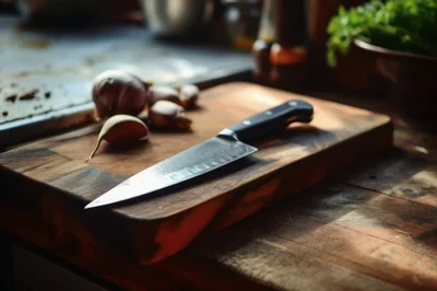 Chef Knife Resting On A Wooden Cutting Board