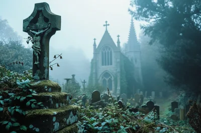 Gothic Church In A Foggy Cemetery
