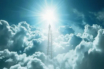 Silhouette Of A Person Climbing A Ladder To Heaven