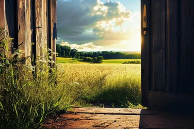 Open Barn Door Overlooking Golden Wheat Field
