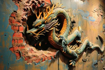 Intricate Chinese Dragon Sculpture Emerging From Brick Wall