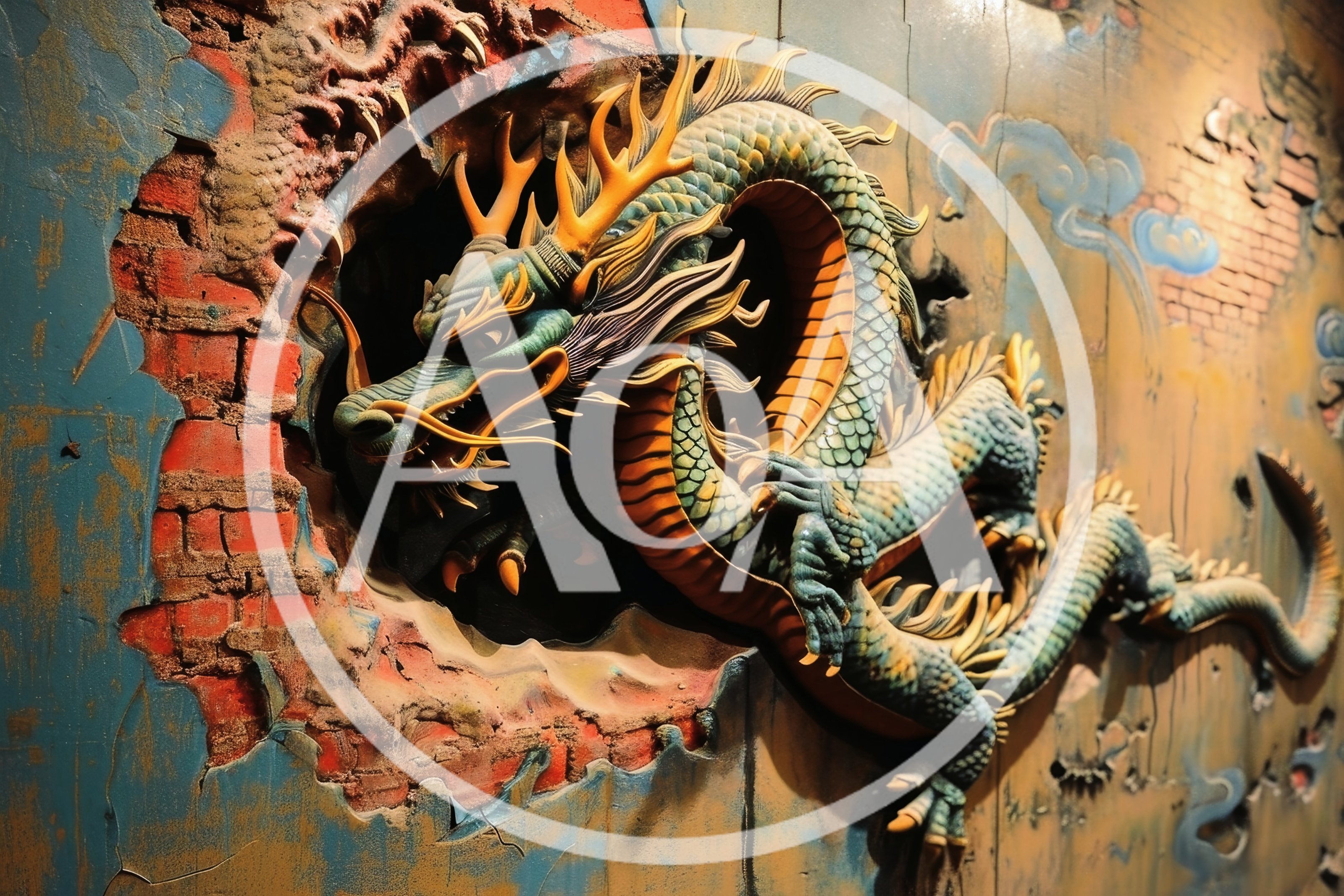 Intricate Chinese Dragon Sculpture Emerging From Brick Wall