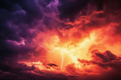 Dramatic Lightning Strike In A Stormy Red Sky