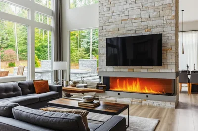 Modern Living Room With Stone Fireplace And Large Windows