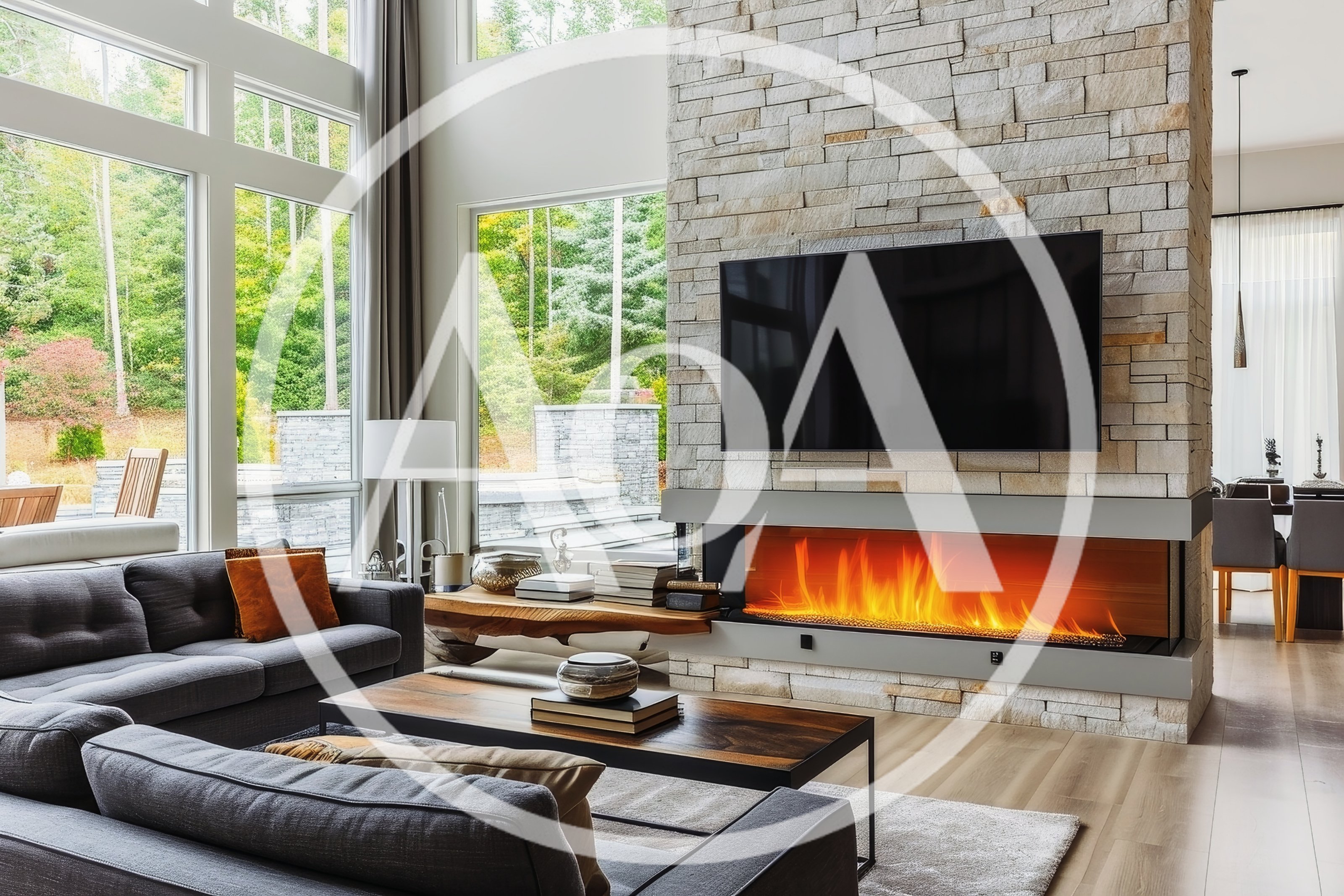 Modern Living Room With Stone Fireplace And Large Windows