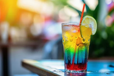 Rainbow Layered Cocktail With Lemon Garnish