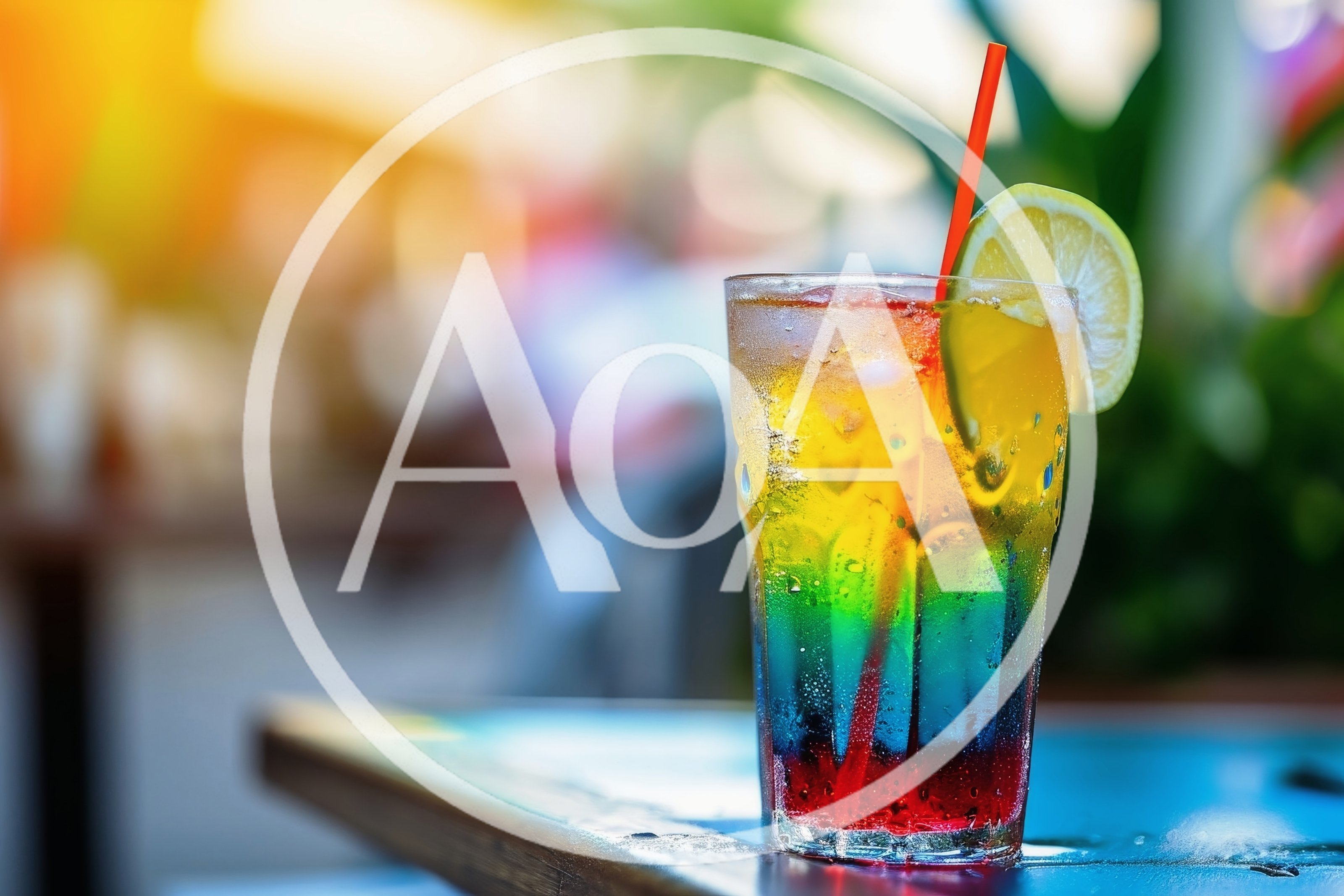 Rainbow Layered Cocktail With Lemon Garnish
