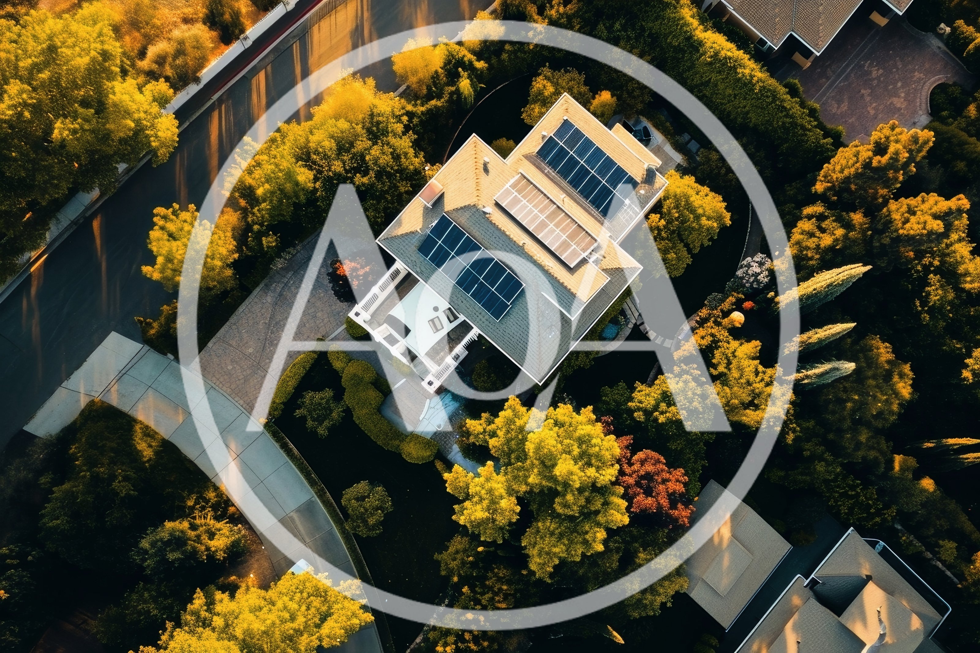 Aerial View Of A Residential House With Solar Panels