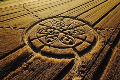 Aerial View Of Intricate Crop Circle In Golden Field