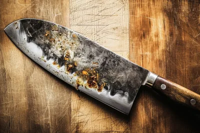 Dirty Kitchen Knife Resting On A Wooden Cutting Board
