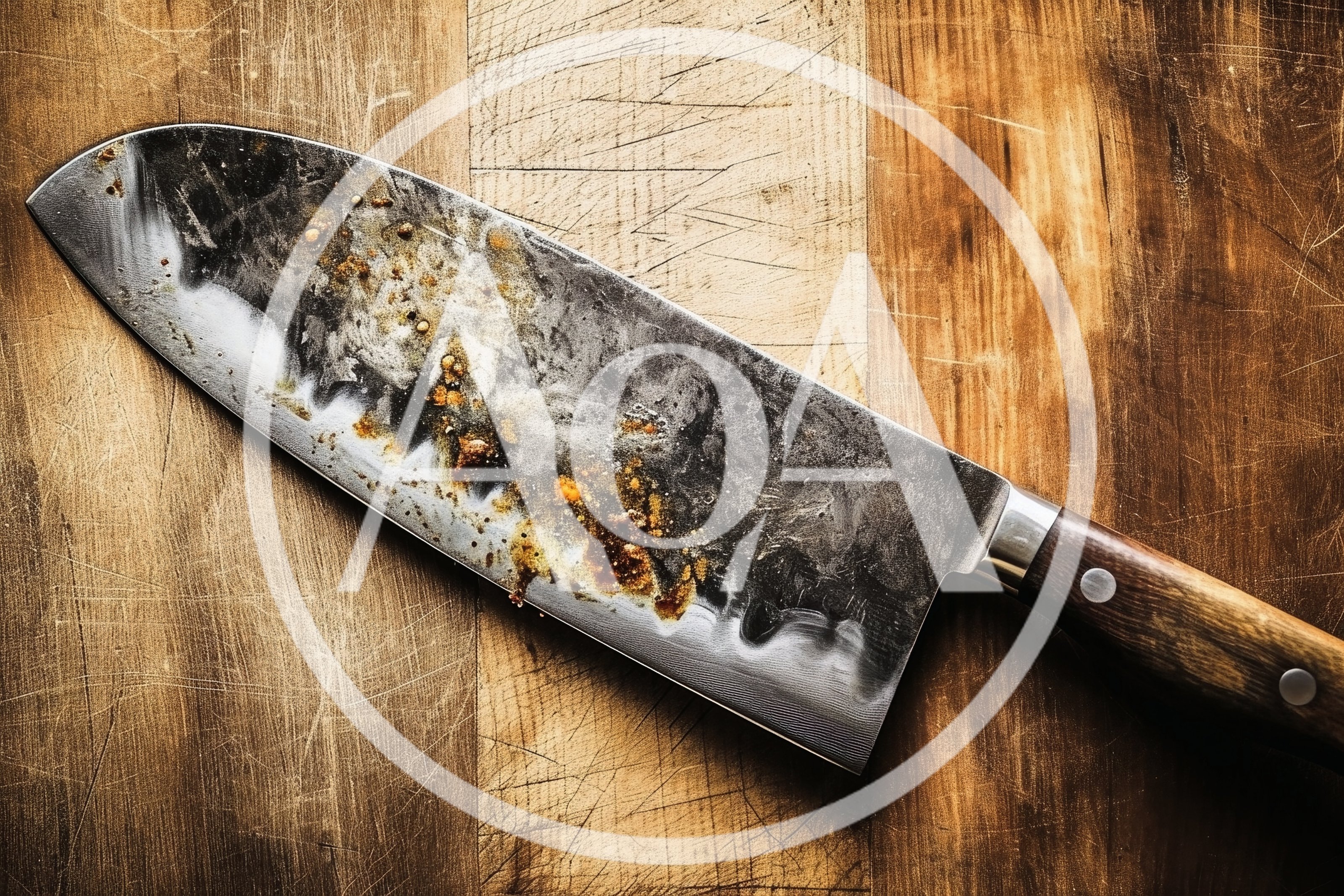 Dirty Kitchen Knife Resting On A Wooden Cutting Board