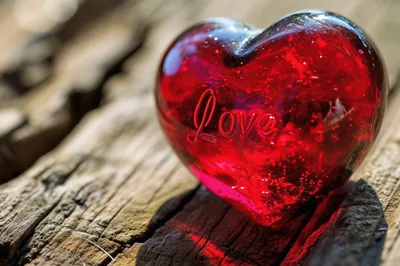Red Glass Heart Ornament Resting On Weathered Wood