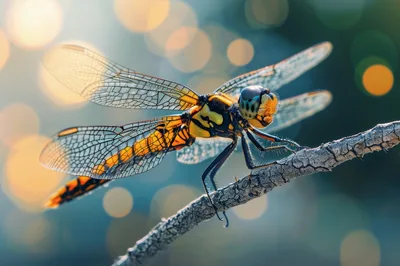 Macro Shot Of A Vibrant Dragonfly On A Branch