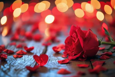 Single Red Rose With Petals On Wooden Surface