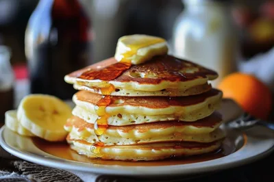 Stack Of Fluffy Pancakes With Butter And Syrup