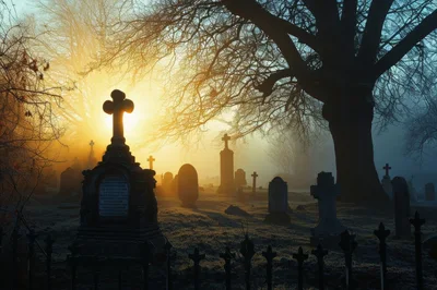 Misty Cemetery At Sunrise With Ancient Gravestones