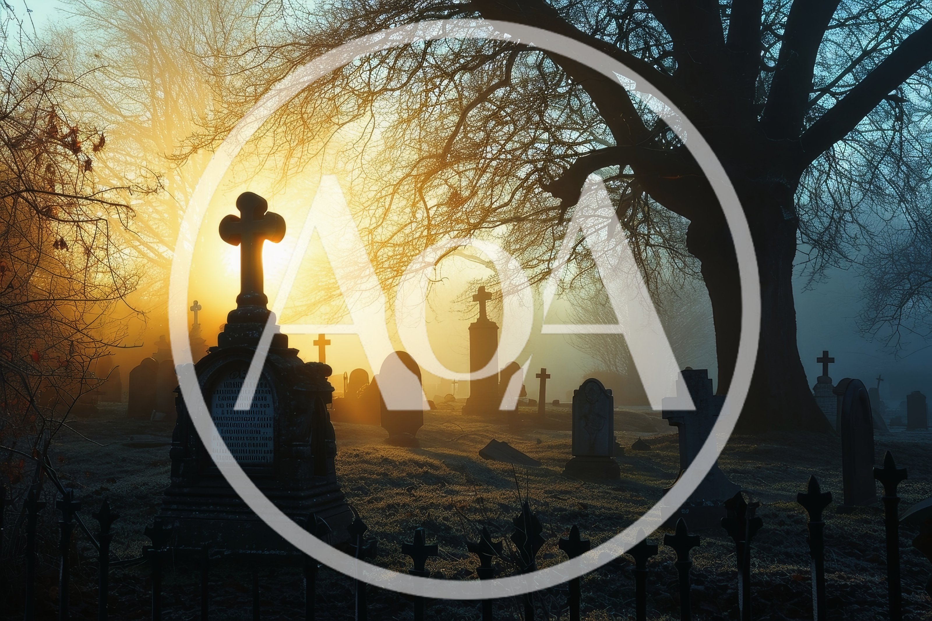 Misty Cemetery At Sunrise With Ancient Gravestones