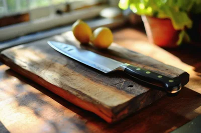Chef Knife Resting On A Wooden Cutting Board
